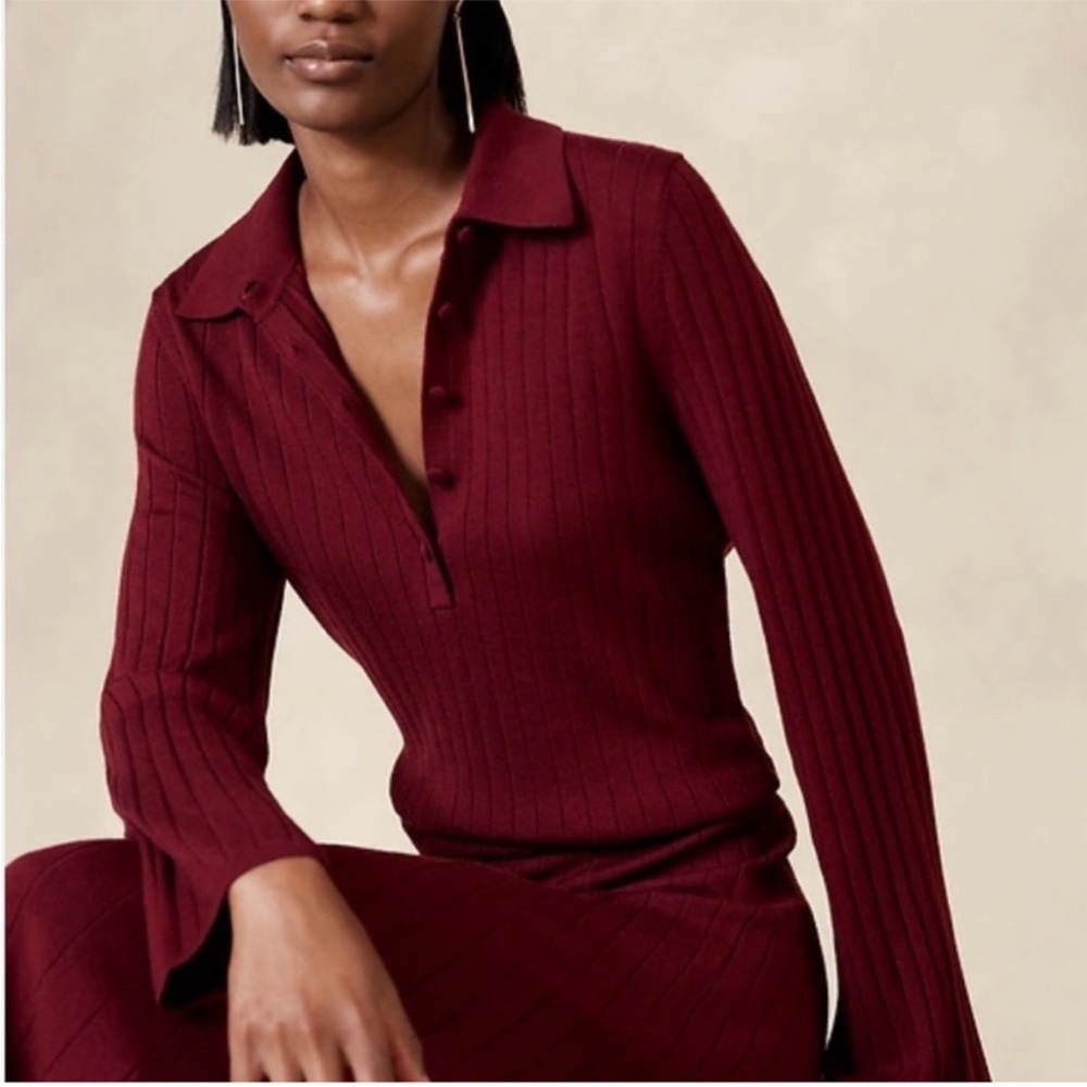 NEW Banana Republic 100% Extra Fine Merino Wool Red Nezha Ribbed Polo Sweater